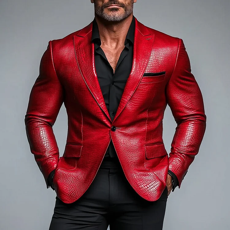 Men's Peak Lapel One Button Long Sleeve PU Leather Crocodile Blazer