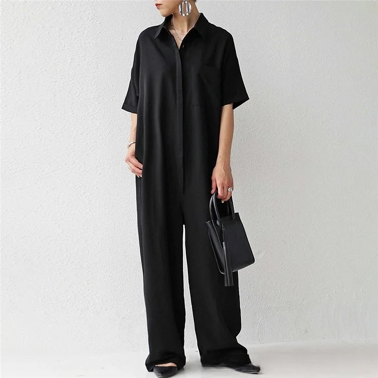 Solid Color Short Sleeve Lapel Casual Loose Jumpsuits