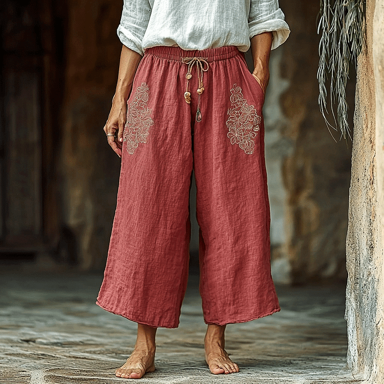 Women's Linen Bohemian Cropped Wide-leg Casual Cropped Pants