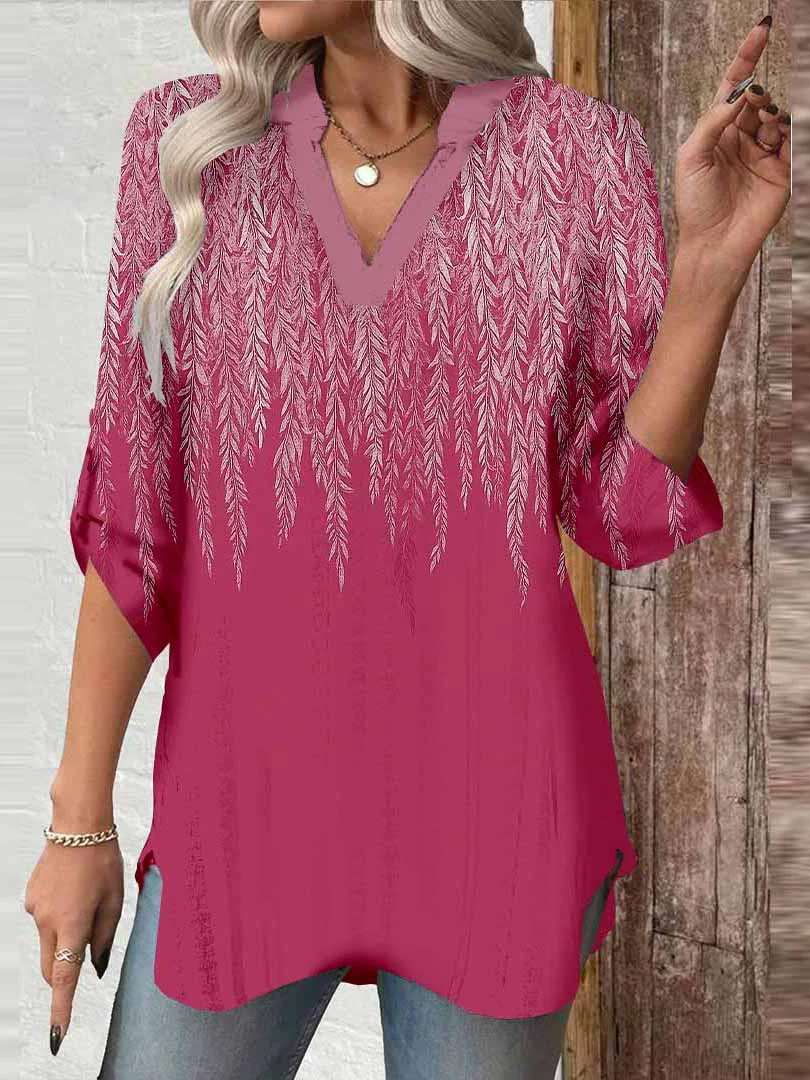 Women Floral,Red,White DZGA0632 3/4 Sleeve V-neck Printed Graphic Button Tops