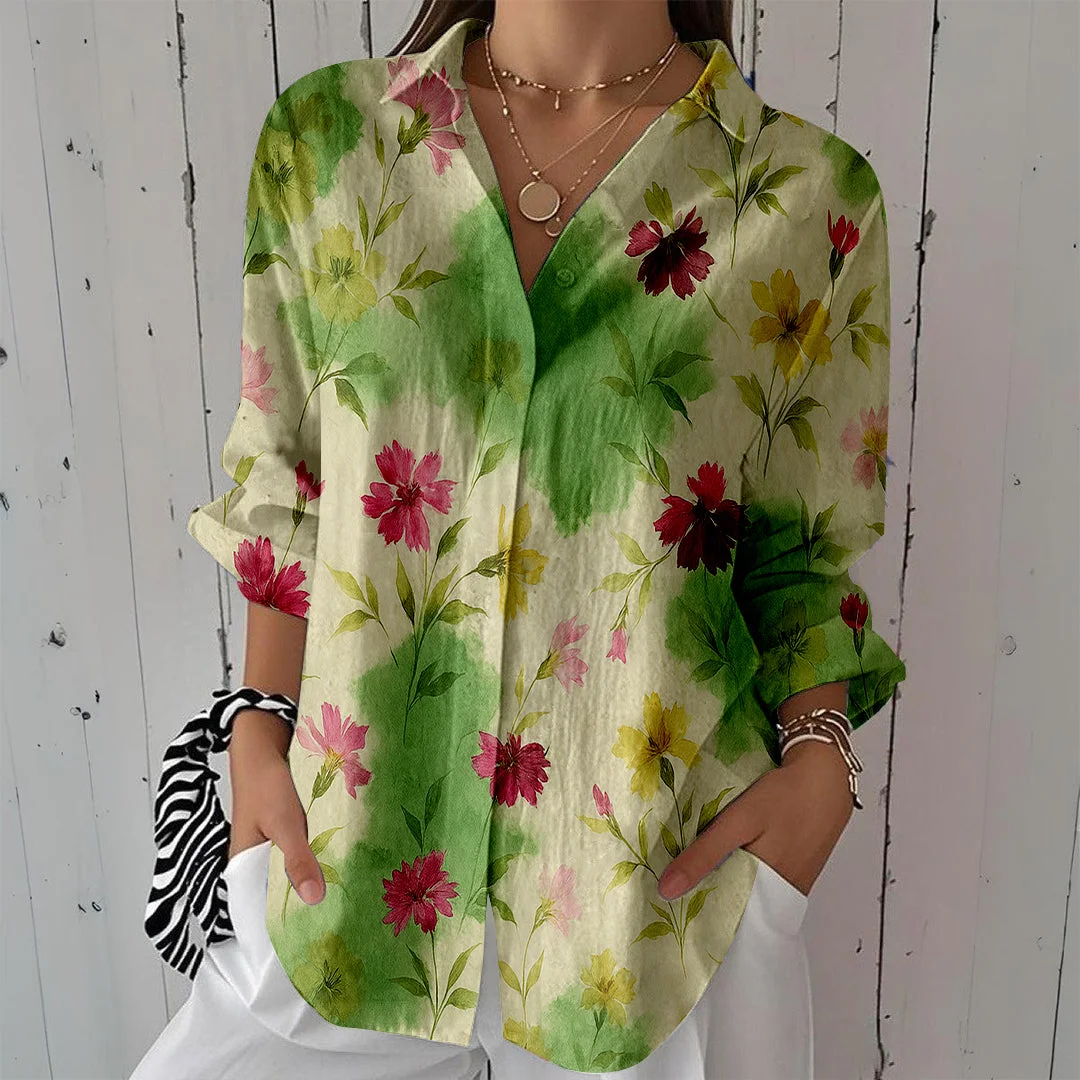Style & Comfort for Mature Women Women Floral, Tie-dyed DZCL0147 3/4 Sleeve Shirt Collar Printed Button Tops
