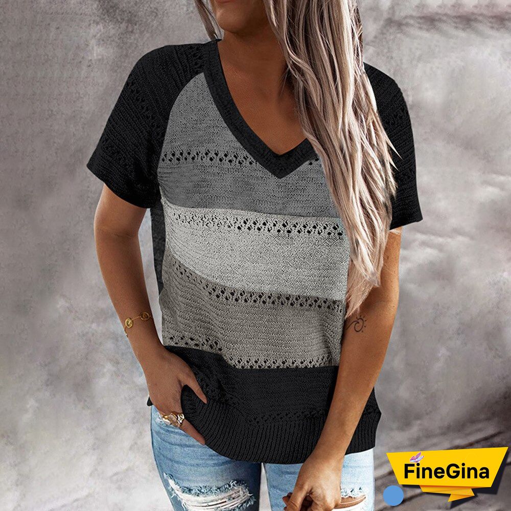 Summer Knitted Short Sleeve Top Women's European And American Contrast V-neck Pullover T-shirt Y2k Top