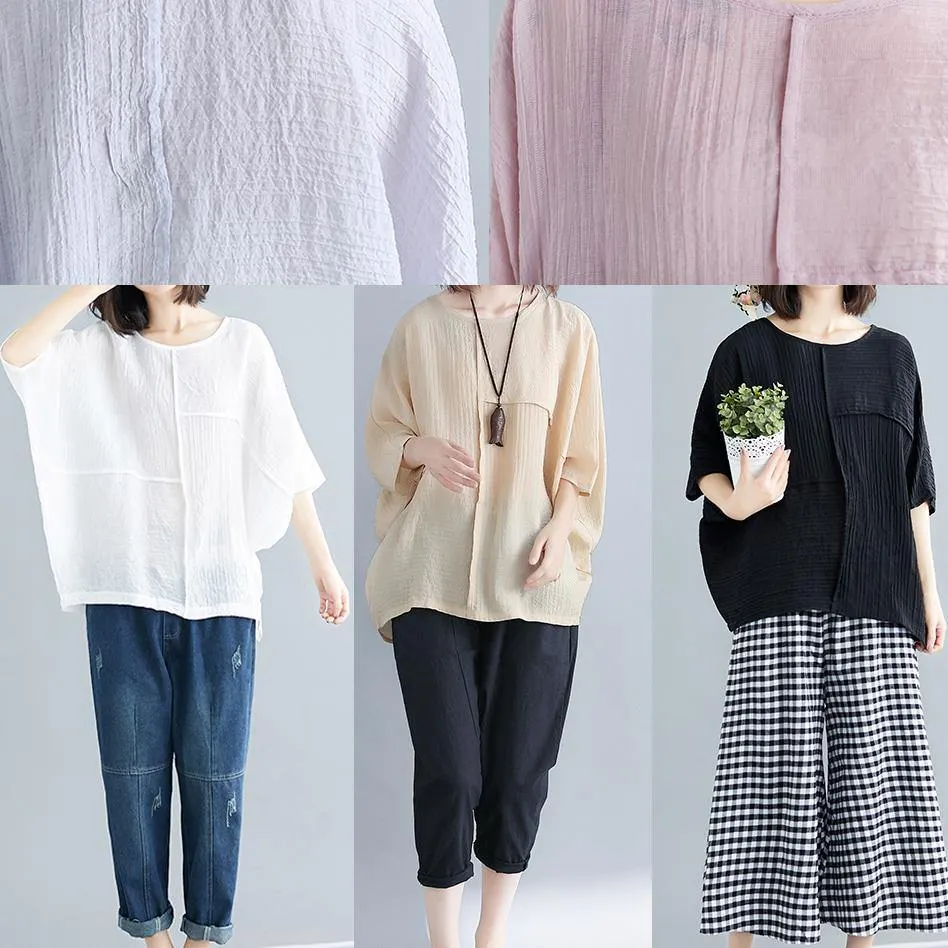 French black cotton blended clothes For Women stylish Fabrics o neck Batwing Sleeve patchwork loose Summer tops