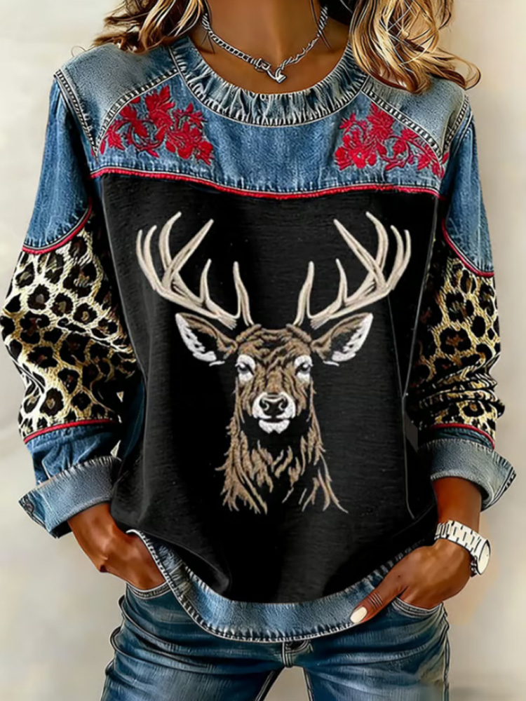 Women's Western Elk Print Crew Neck Sweatshirt wearshes