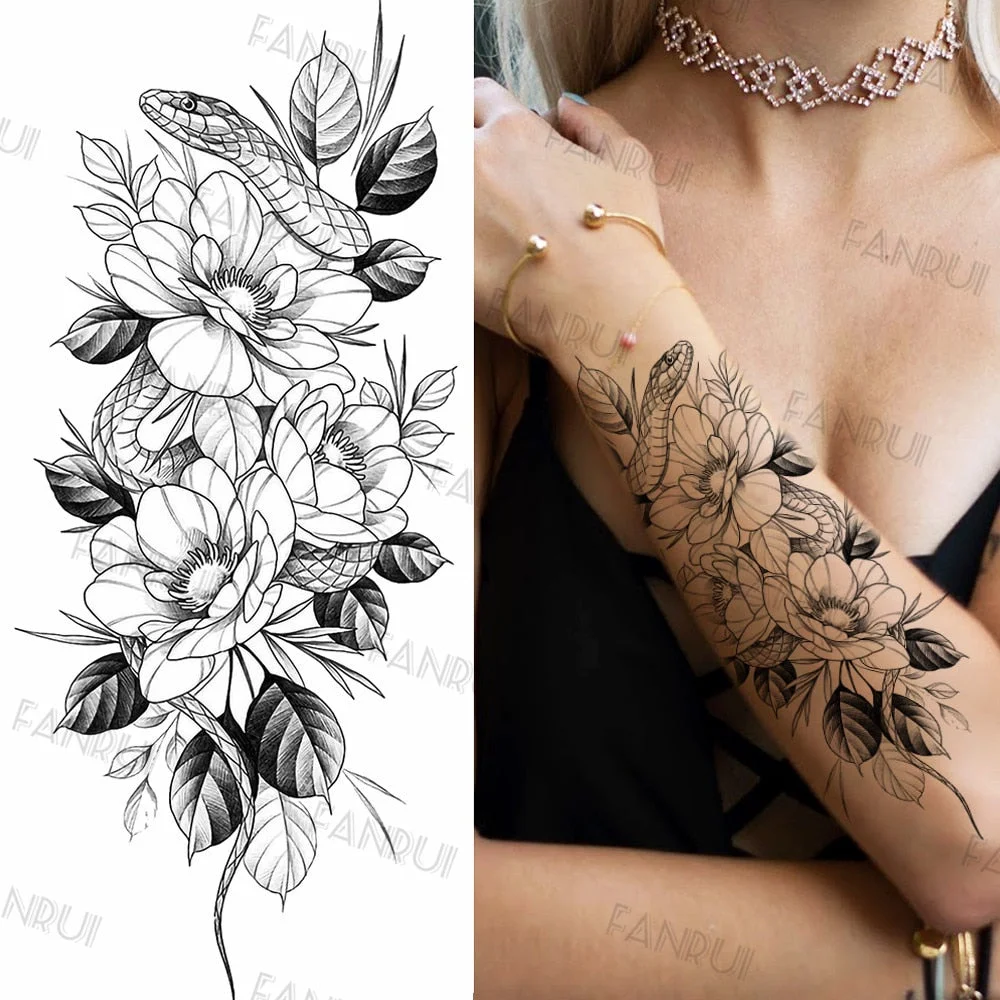 Black Gun Tattoos Sticker For Men Women Arm Art Temporary Tattoos Realistic Fake Flower Lion Tiger Tatoos Decal Cool Warrior DIY