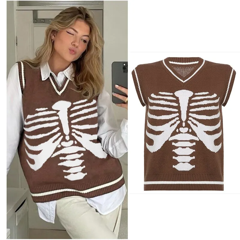 Rapcopter Y2K Sweaters Skulls Pullovers V Neck Knitwear Loose Casual Knitted Jumpers Women Streetwear Retro Tops Autumn Winter