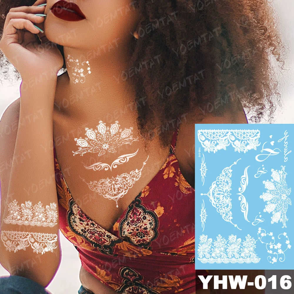 Indian Arabic Designs Temporary Waterproof Tattoo sticker Lace White Bride Tatto Paste Fake Tatoo Mandala Body Art Hand Choker