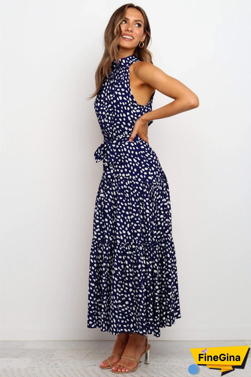 Plus Size Elegant Ladies Dress Sleeveless Collect Waist Polka Dot Long Boho Casual Beach