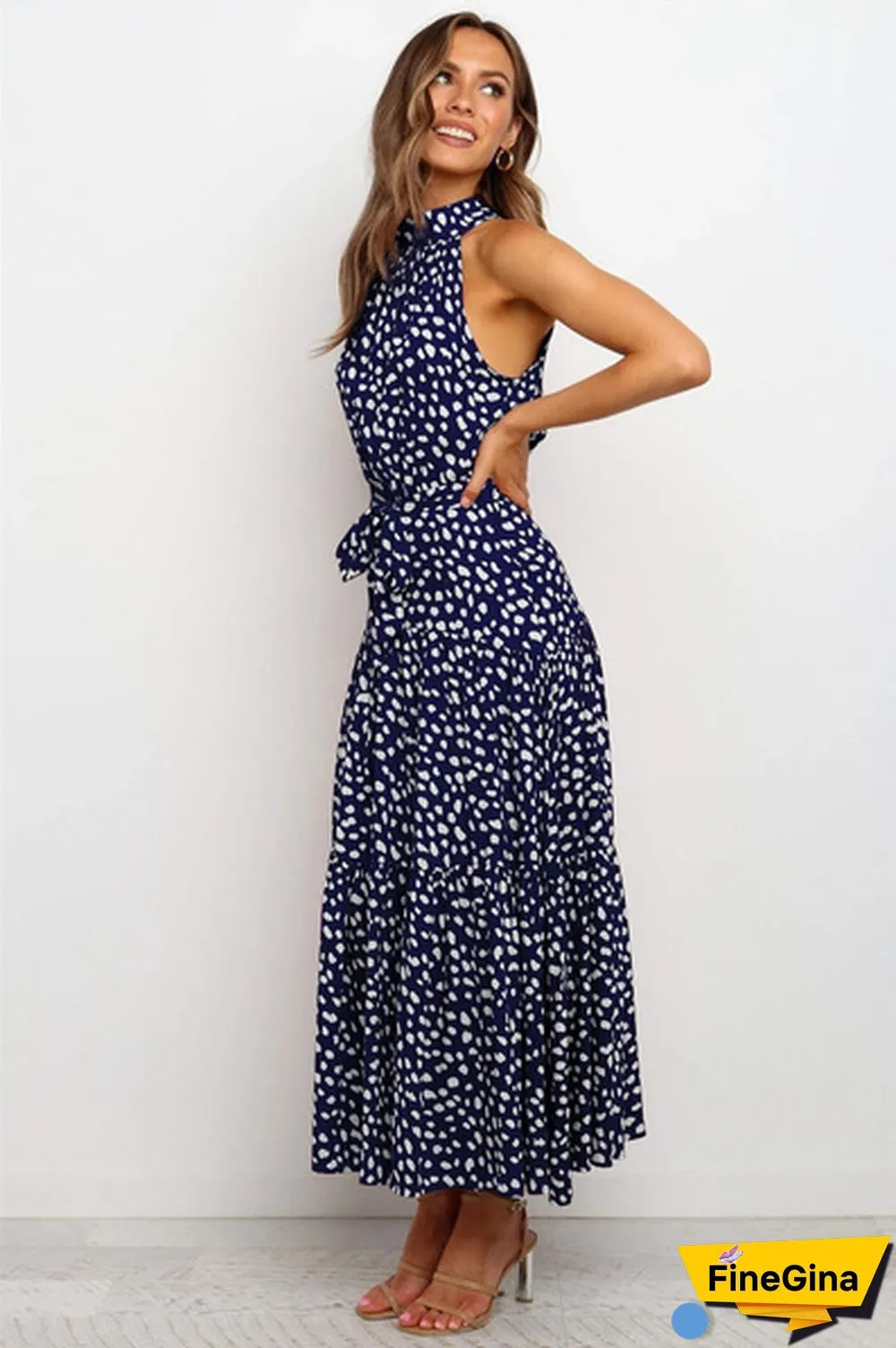 Plus Size Elegant Ladies Dress Sleeveless Collect Waist Polka Dot Long Boho Casual Beach