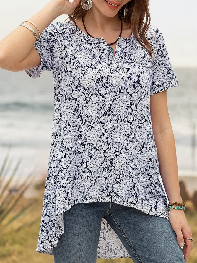 Women Floral Printed Knitted Short Sleeve Shirts & Tops