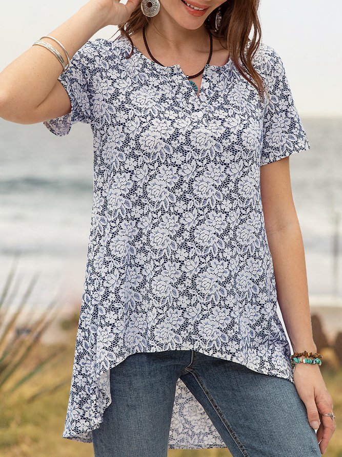 Women Floral Printed Knitted Short Sleeve Shirts & Tops Zaesvini