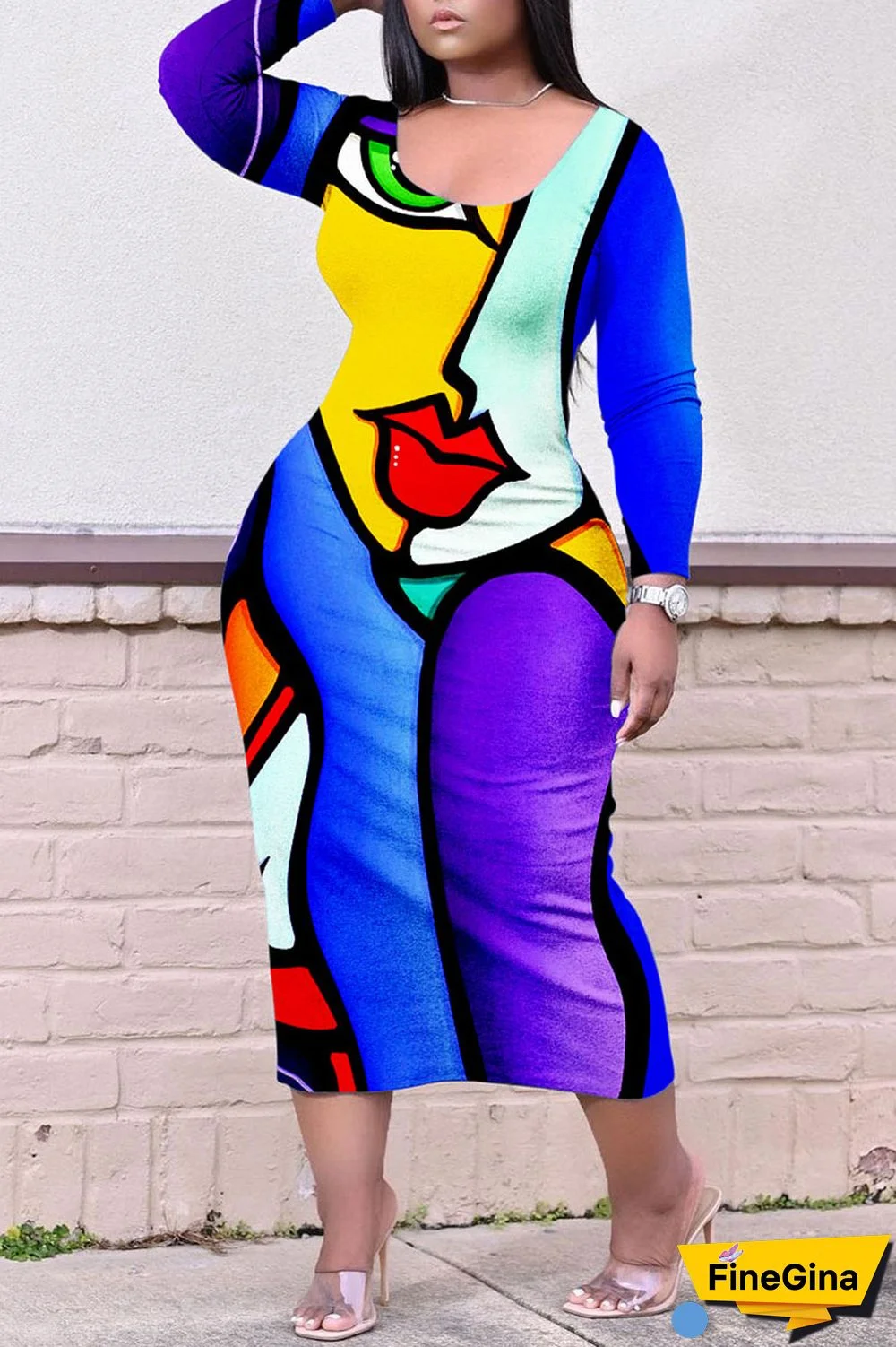 Royal Blue Casual Print Patchwork O Neck Straight Dresses