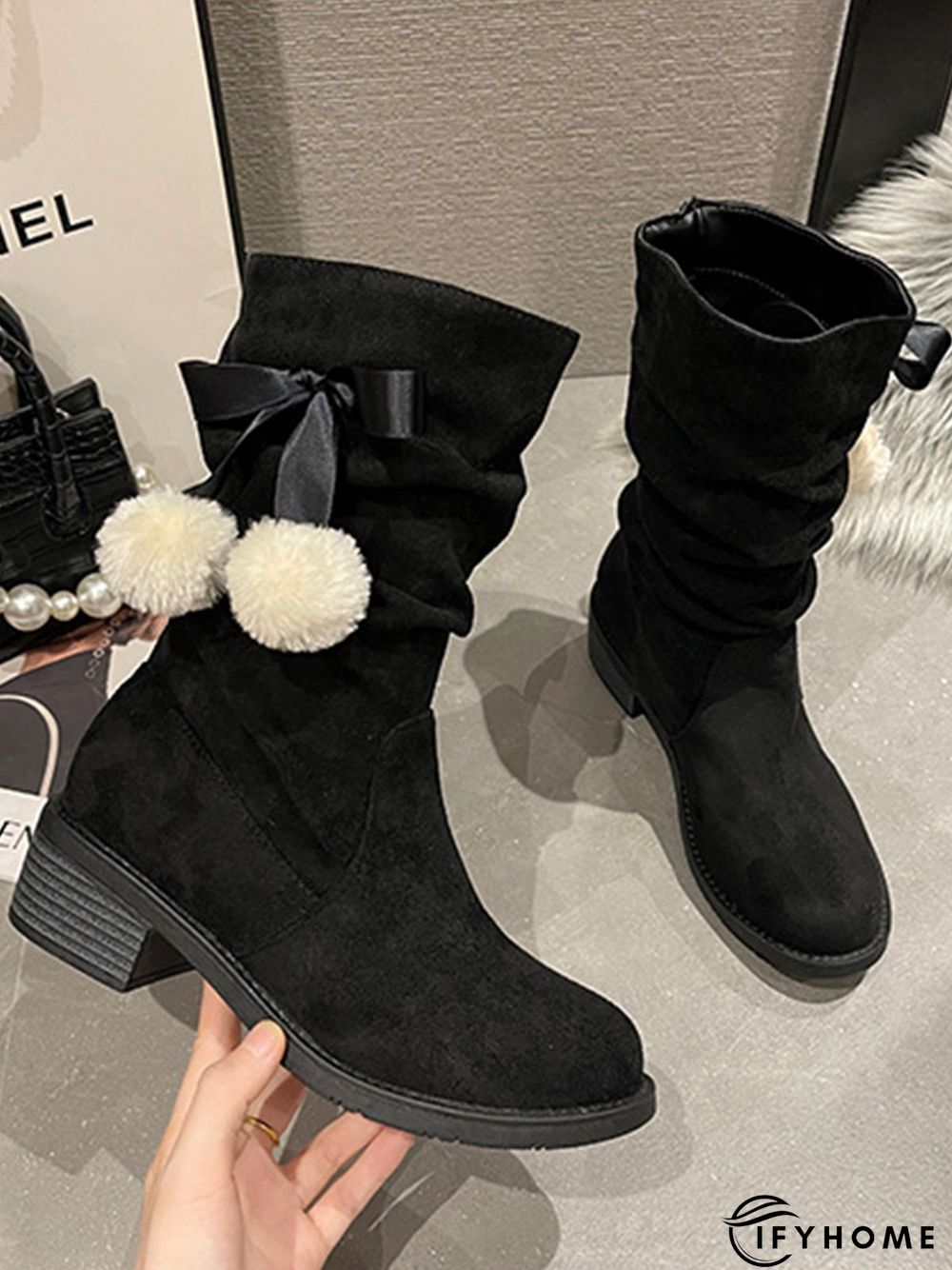 Christmas Pompom Decor Faux Suede Slouchy Boots | IFYHOME