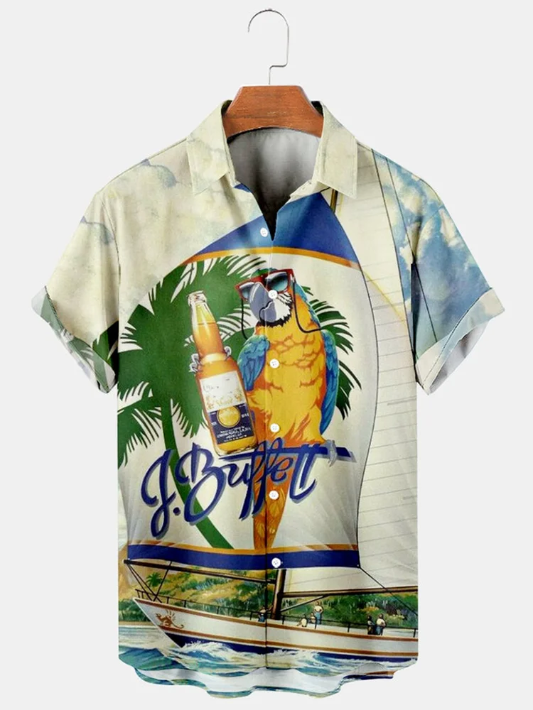Parrot Print Casual Loose Men's Short Sleeve Shirt