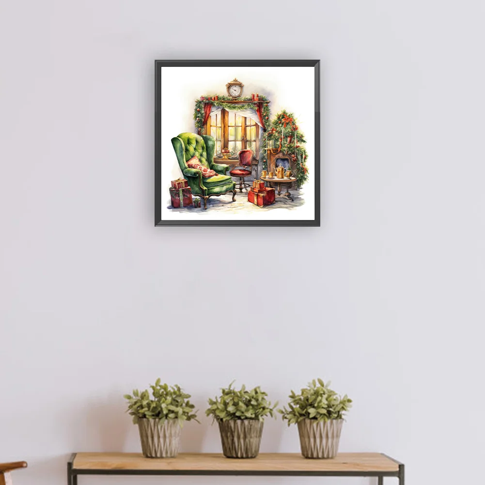 Full Round Diamond Painting 30*30cm - Green Sofa With Floor-To-Ceiling Windows