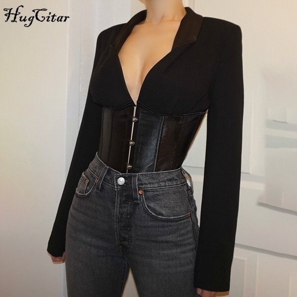 Hugcitar Long Sleeve V-Neck Belt Band Patchwork Bandage Sexy Tops Spring Women Office Lady T-Shirts Streetwear Outfits - Shop Trendy Women's Fashion | TeeYours