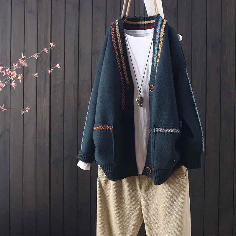 2021 spring and autumn new loose and versatile casual long-sleeved v-neck sweater cardigan women's foreign style knit sweater