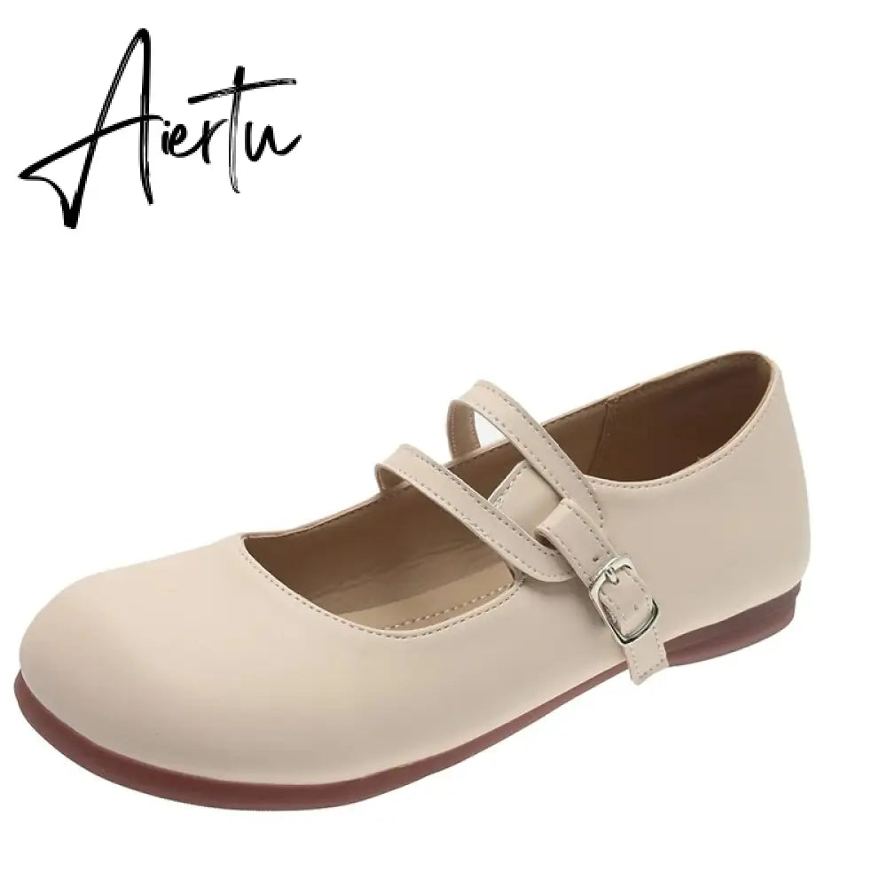 Comfort Soft Bottom Flat Shoes Women 2023 Buckle Strap Pu Leather Ballet Flats Woman Elegant Low Heels Mary Janes Mujer Aiertu
