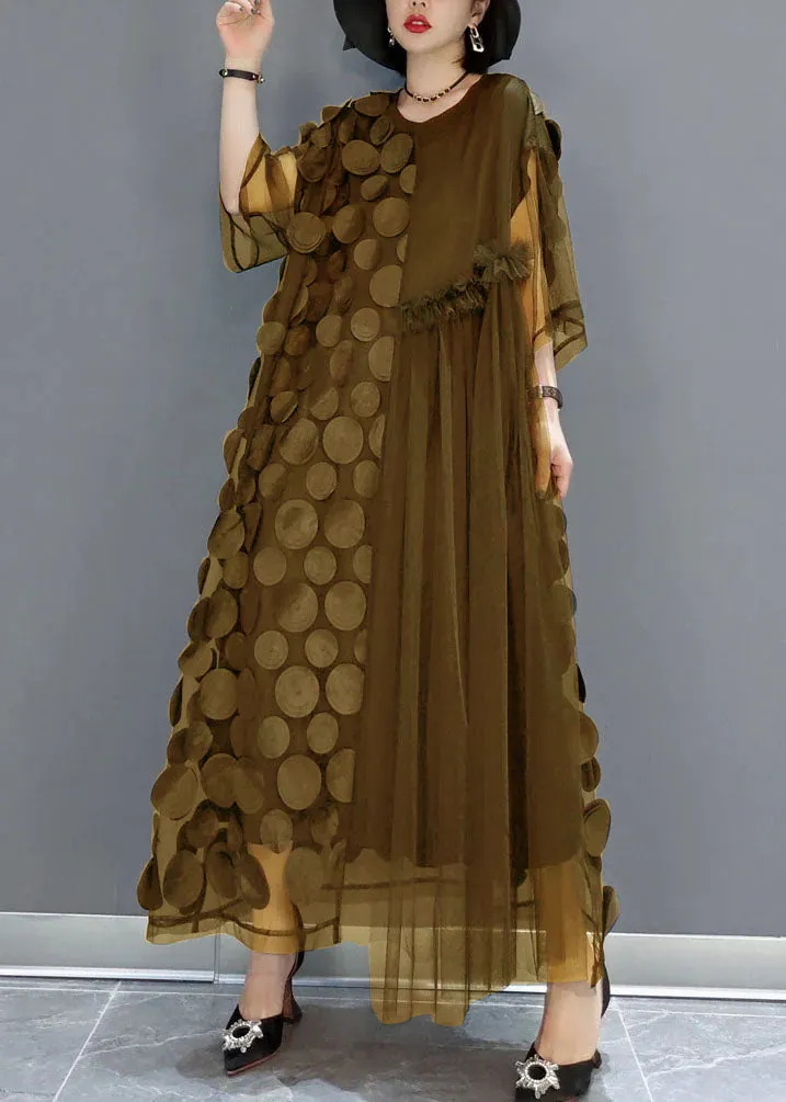 Khaki Tulle Party Dresses O-Neck Asymmetrical Half Sleeve