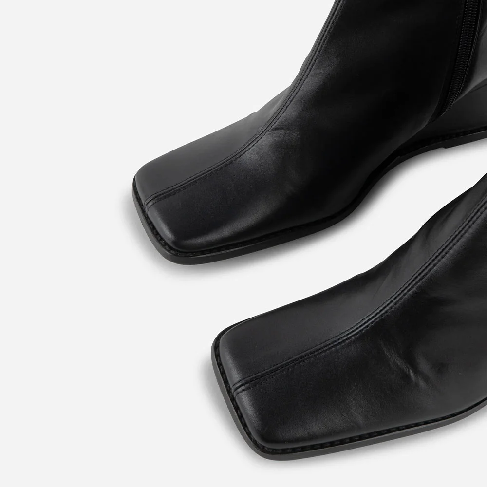 Short Elegant Black Square Toe Zipper Wedge Heel Booties for Women
