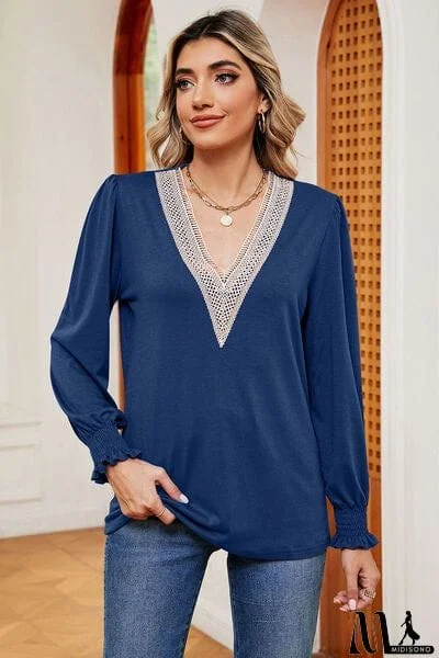 MidiSono - Lace Detail V-Neck Lantern Sleeve T-Shirt