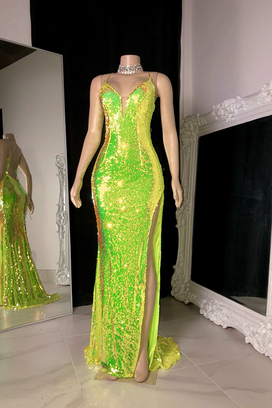 Light Green Prom Dress Sequins Sleevesless V Neck Slit Halter YL0134