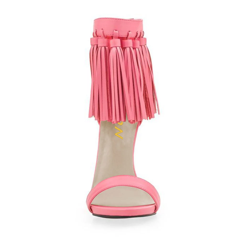 Pink Open Toe Tassel Ankle Strap Women's Heel Sandals with Zipper