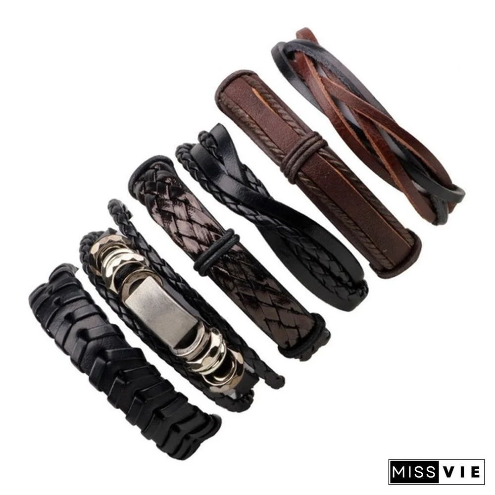 6pcs/set Vintage Punk Leather Bracelet Wristband Bangle Men Jewellery Gift