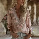 Women's Vintage Pink Rose Art Linen Blend T-shirt - Image 2