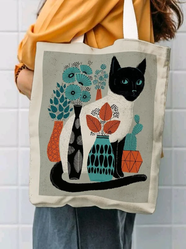 Women's Cat Vase Illustration Print Shoulder Tote Bag