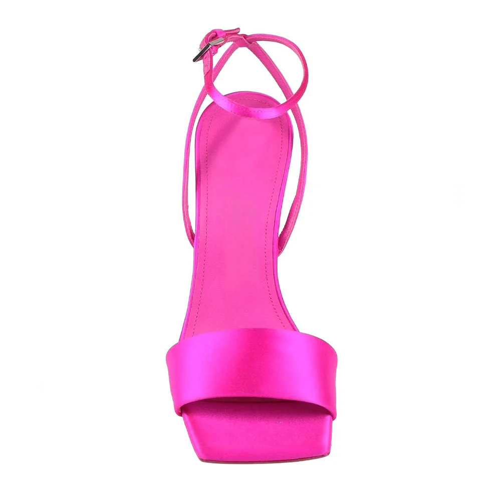 Fuchsia Square Toe Sculptural Heel Buckle Ankle Strap Women's Sandals