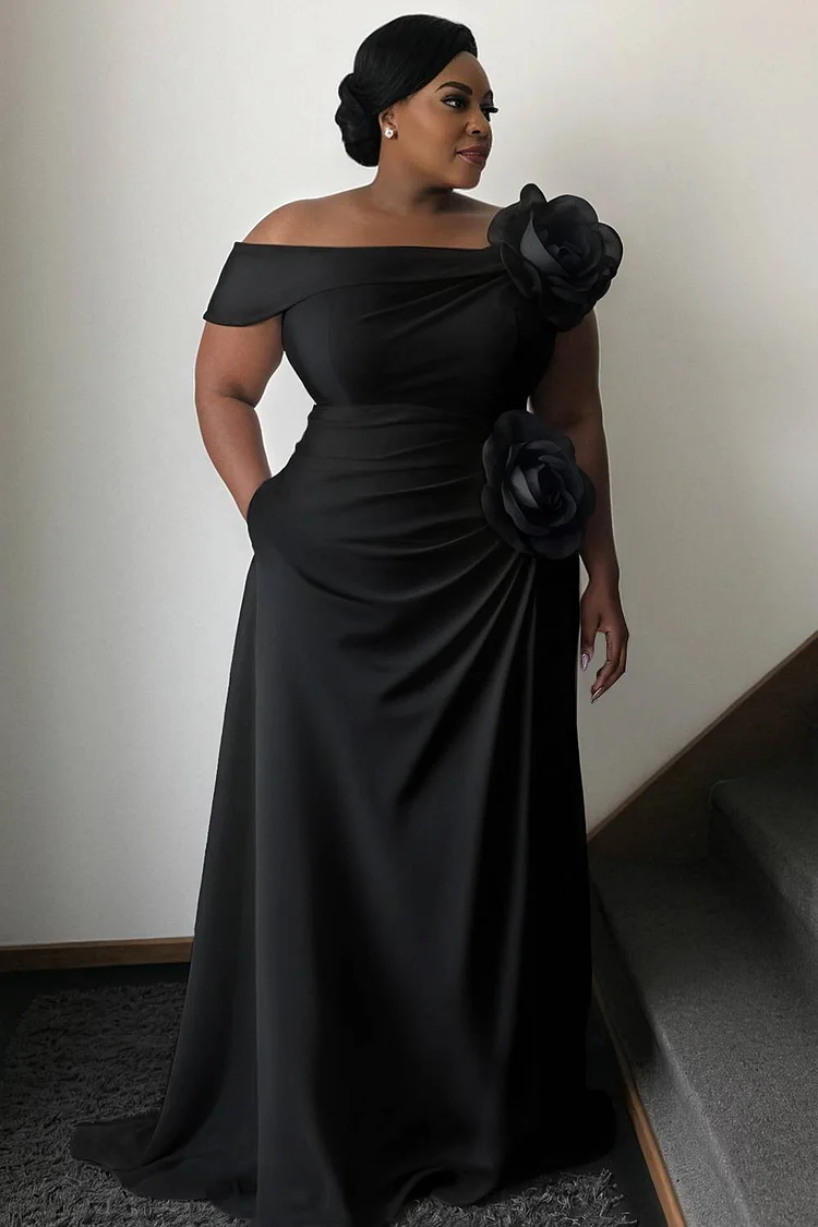 Xpluswear Design Plus Size Wedding Black Elegant Asymmetrical Collar 3D Pocket Maxi Dresses [Pre-Order] 2024 - Xpluswear