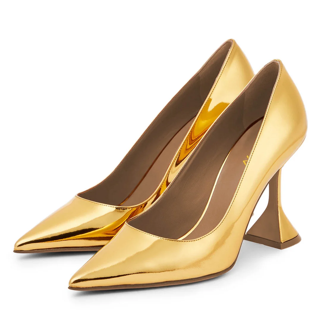 Dazzling Metallic Finish Pointed Toe Shoes Flared Heel Gold Pumps