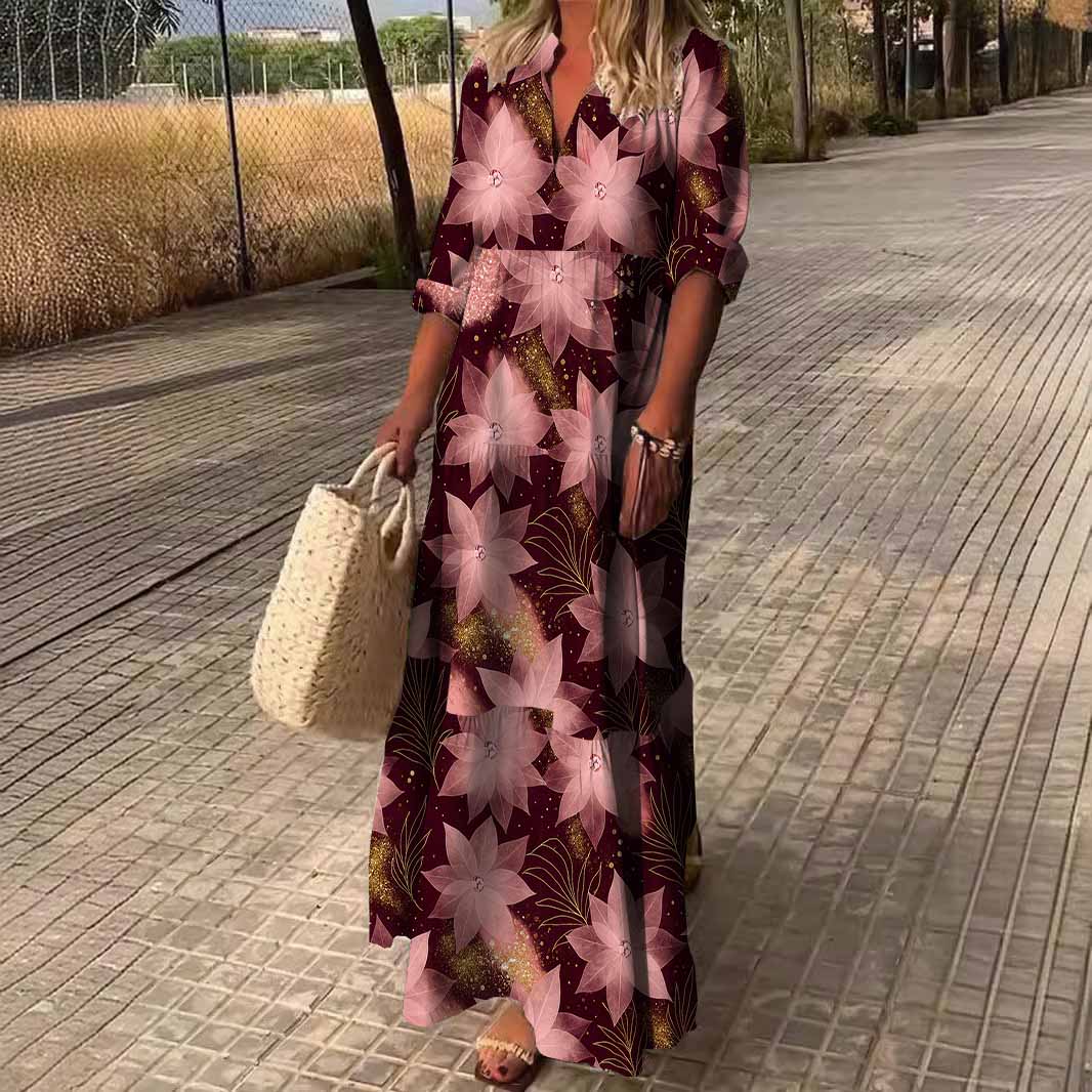 Women Floral, Wine Red, Red DZDN0652 SPU Printed Long Sleeve V-neck Maxi Dress