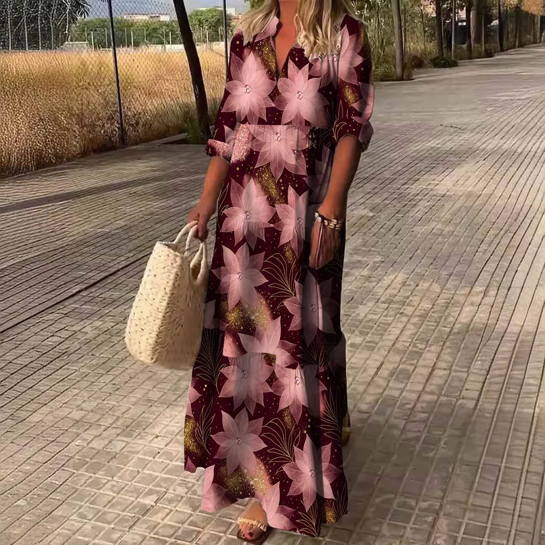 Women Floral, Wine Red, Red DZDN0652 SPU Printed Long Sleeve V-neck Maxi Dress