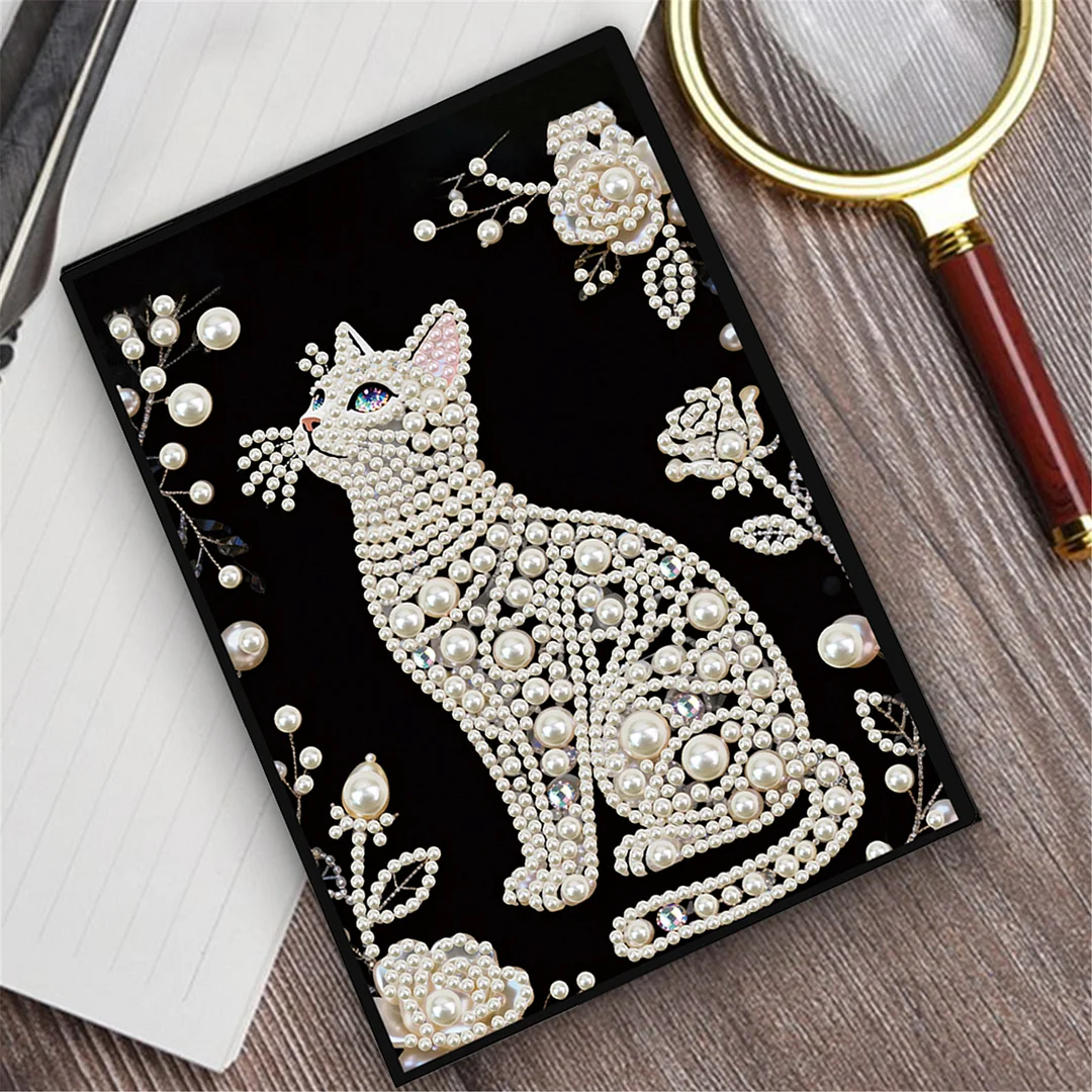 Flowers and Cat Partial Pearl DIY 50 Pages A5 Diamond Painting Notebook Special Shaped Diamond Art Diary Book Kits Wireless Strip 5D Crystal Art Paintings Sketchbook for Art Drawing