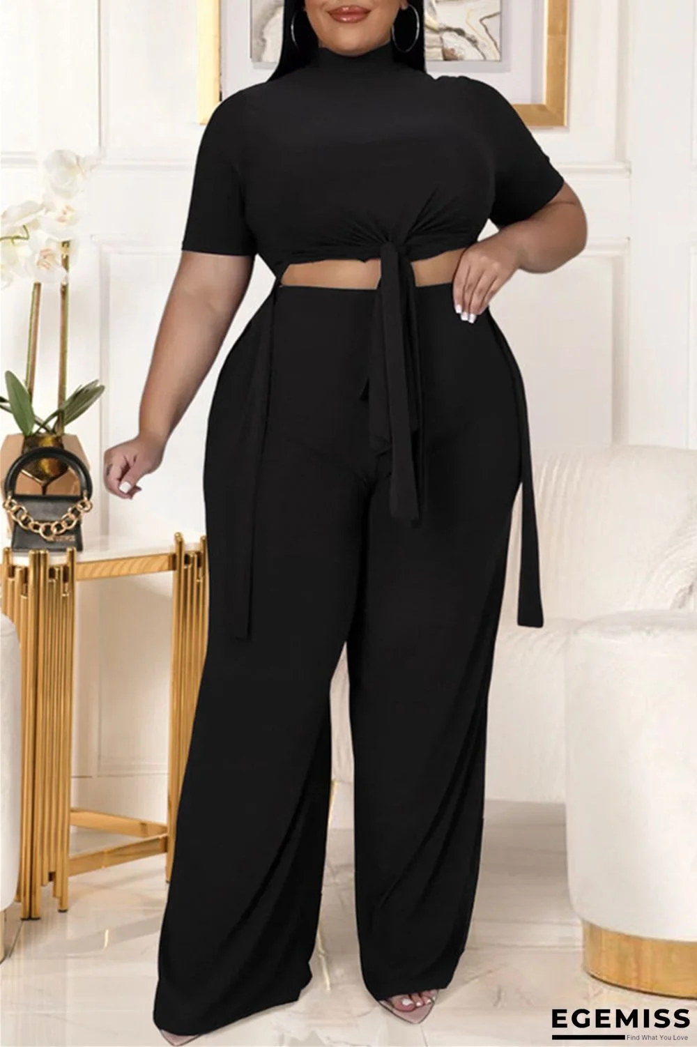 Black Fashion Casual Solid Bandage Slit Turtleneck Plus Size Two Pieces | EGEMISS