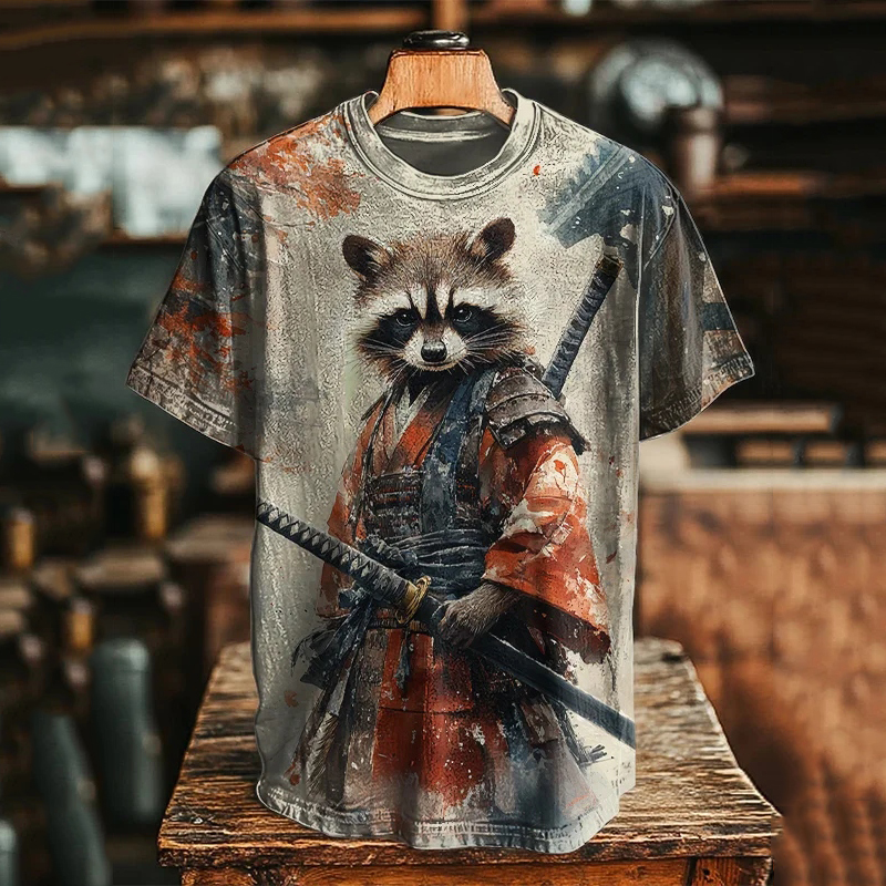 Men's Raccoon Warrior Watercolor Art Printed T-shirt