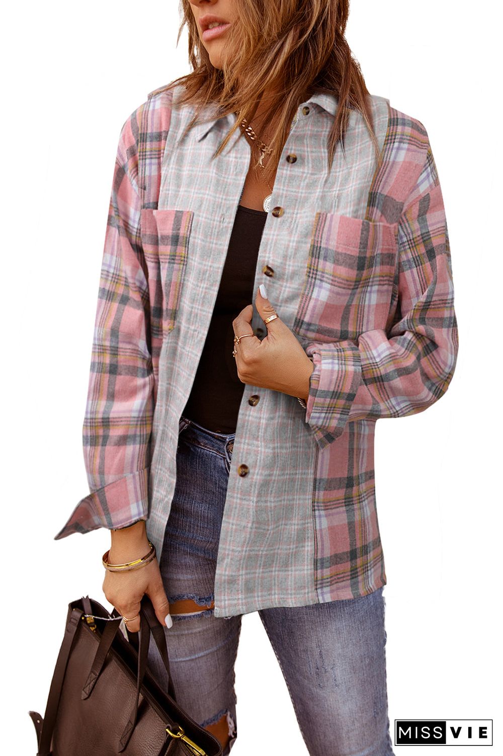 Plaid Color Block Pocket Button-up Long Sleeve Shirt