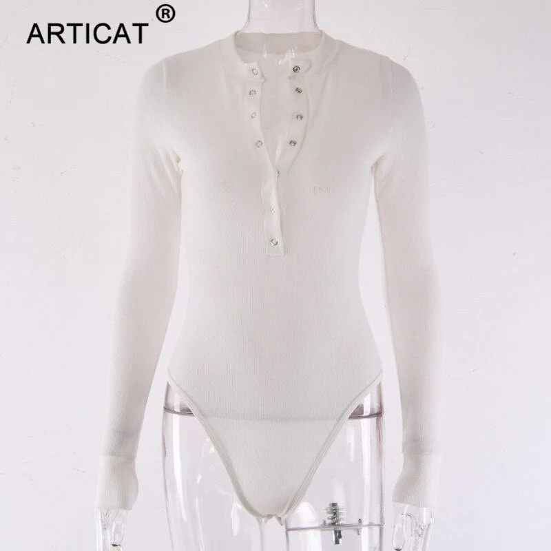 Articat Ribbed Knitted Sexy Bodycon Bodysuit Women Autumn Long Sleeve Slim Rompers Womens Jumpsuit Casual Skinny Party Overalls