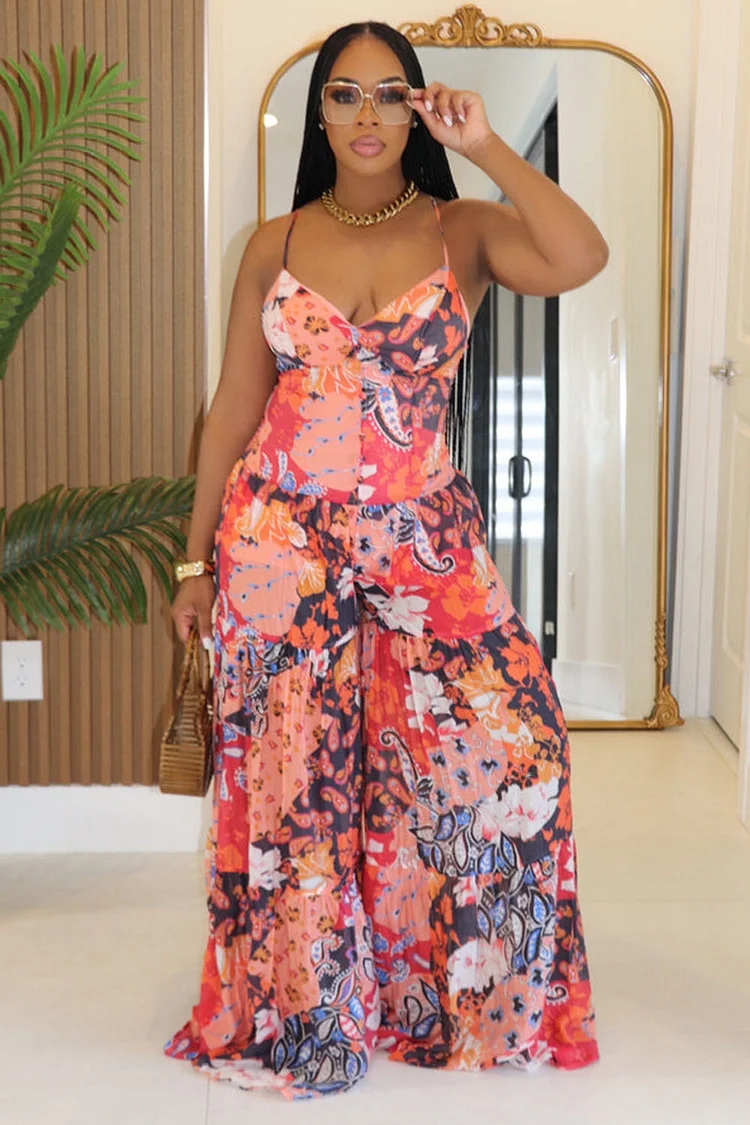 Floral Print V Neck Vacation Cross Cami Wide Leg Jumpsuit-Pink