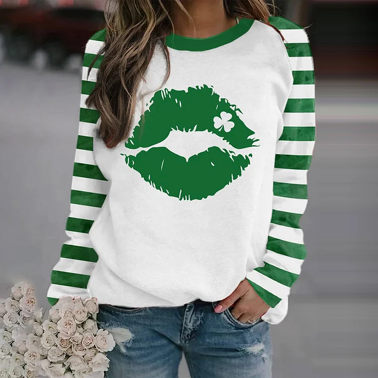 VChics Women'S Lucky Kiss St. Patrick'S Day Printed Round Neck Long Sleeve Sweatshirt