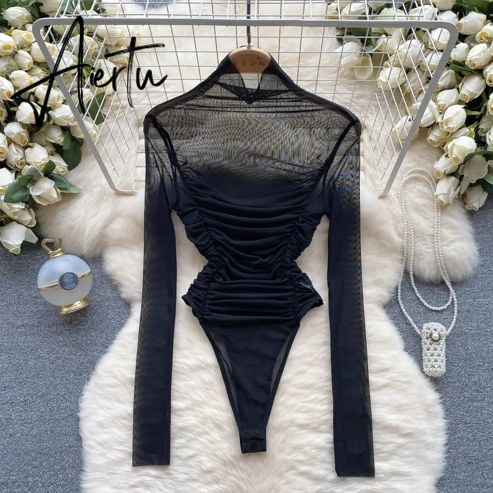 Aiertu Autumn Mesh Basic Top Women Turtleneck Long Sleeve Ruched Open Crotch Slim Playsuits Fashion Sheer Sexy Bodysuits Aiertu
