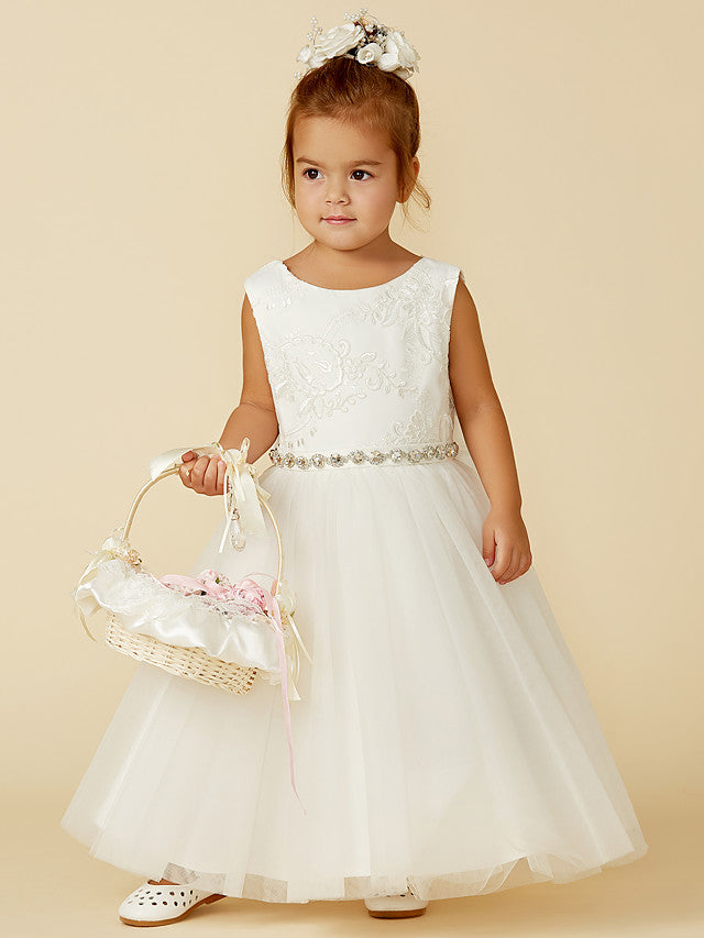 Oknass  Sleeveless Jewel Neck Flower Girl Dress Lace Tulle  With Lace  Sash  Ribbon  Bow