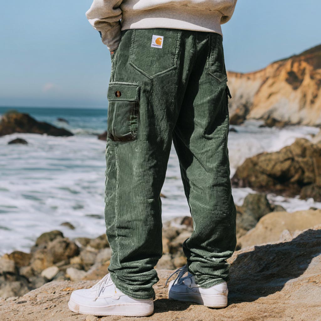 Men's Vintage Surf Army Green Corduroy Multi-Pocket Cargo Pants