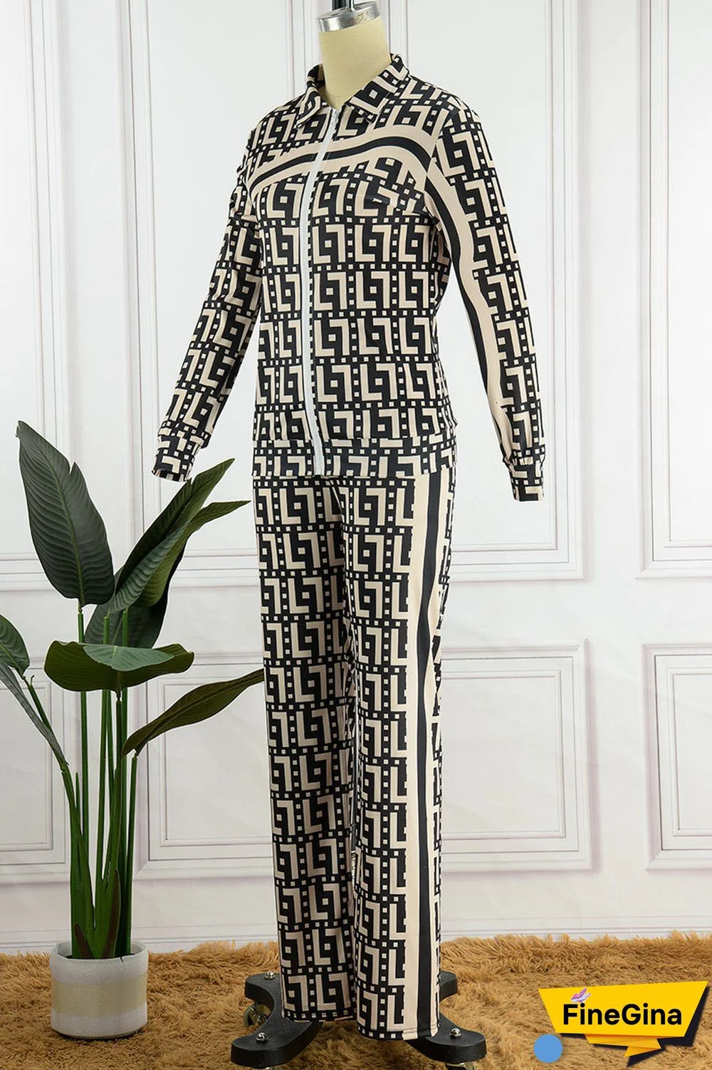 Coffee Casual Street Print Patchwork Zipper Long Sleeve Two Pieces