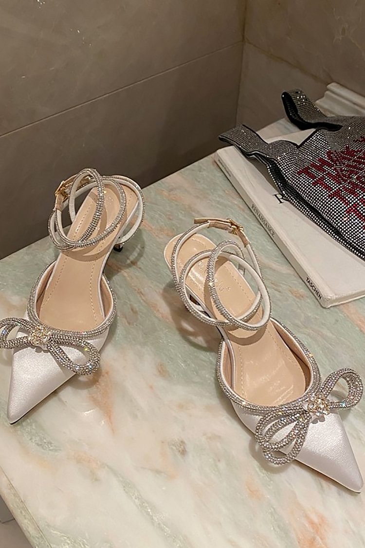 Rhinestone Bow Patchwork Pointy High Heel Sandals