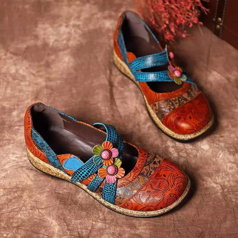 Vintage Floral Genuine Leather Splicing Colored Stitching Hook Loop Flat Shoes Spring Summer Casual Women Flat Shoes New