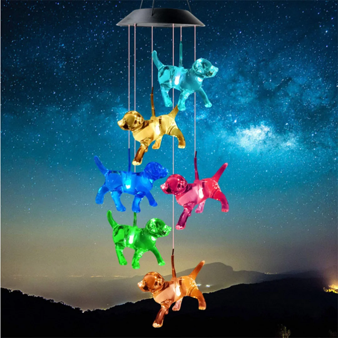 LED Solar Wind Chimes Color Changing Dog Hanging Decor for Yard Garden