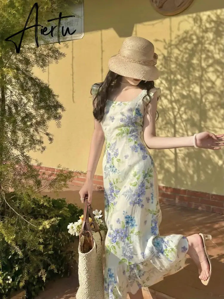 Aiertu  Korean Style Floral Long Resort Dress Women Y2k Fairycore Ruffles Cottagecore Dresses Elegant Summer Holiday Aiertu